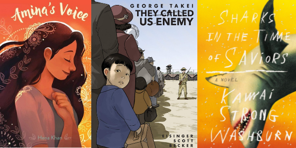 Covers of the books "Aminas Voice," "They Called Us Enemy," and "Sharks in the Time of Saviors"
