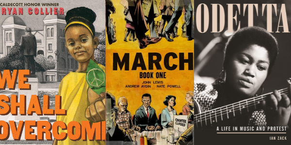 Covers of the books "We Shall Overcome," "March Book One" and "Odetta"