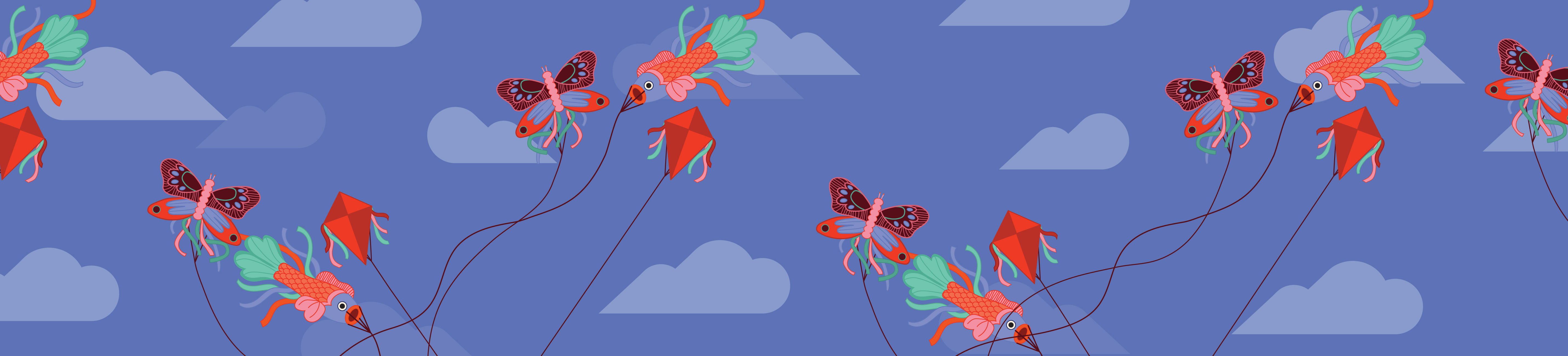 Blue sky with clouds with an array of kits. Some are fish shaped, some are butterflies, and some are standard kites