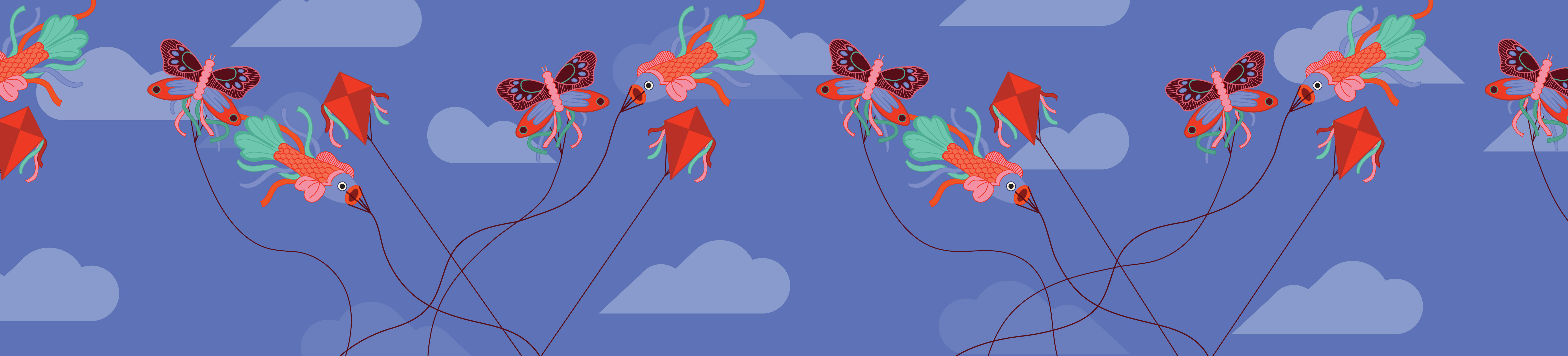 Blue sky with clouds with an array of kits. Some are fish shaped, some are butterflies, and some are standard kites