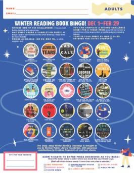Image of NPL Winter Reading Book Bingo Card valid 12-01-23 to 02-29-23